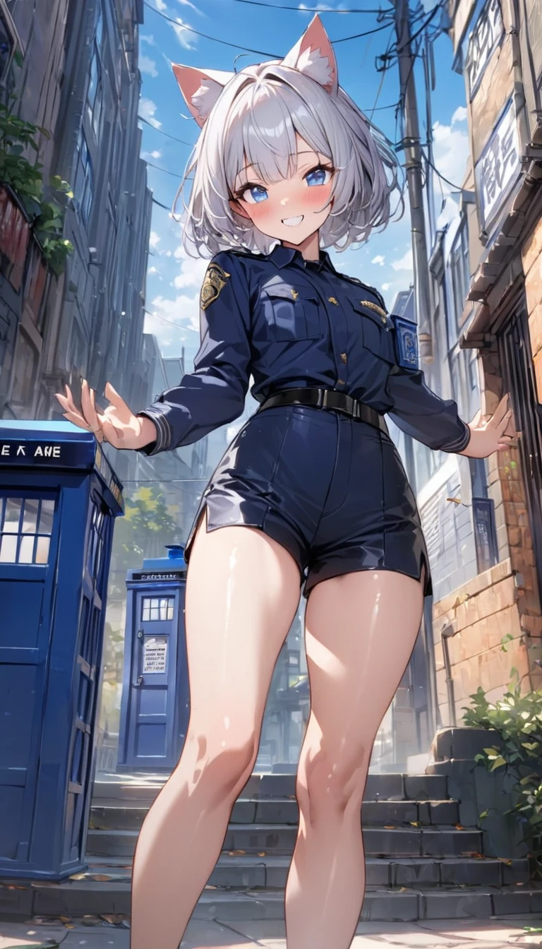1girl、(((best quality)), ((masterpiece)), (details), masterpiece, best quality, high quality, ulutra detailed, perfect face, ((1girl, Blue eyes, cat ears: 1.3 silver bob hair: 2.5,)) 、Shiny Hair、Glowing Skin、blush、Lustful look、whole body、Police Officer Costume、Police officer shorts、Black stiletto heels、Embarrassed smile、Raise the Japanese sword with both hands、police box、Police Station Background、whole body