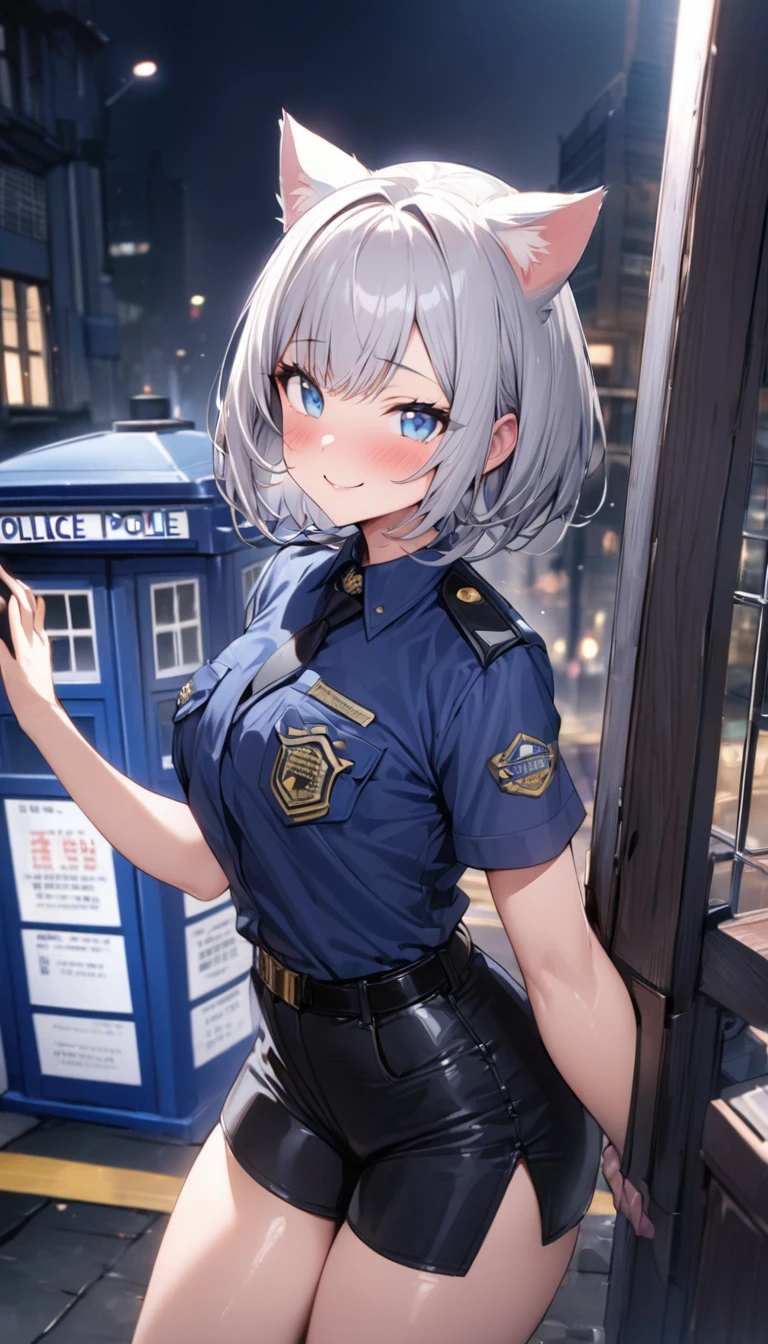 1girl、(((best quality)), ((masterpiece)), (details), masterpiece, best quality, high quality, ulutra detailed, perfect face, ((1girl, Blue eyes, cat ears: 1.3 silver bob hair: 2.5,)) 、Shiny Hair、Glowing Skin、blush、Lustful look、whole body、Police Officer Costume、Police officer shorts、Black stiletto heels、Embarrassed smile、Raise the Japanese sword with both hands、police box、Police Station Background、whole body