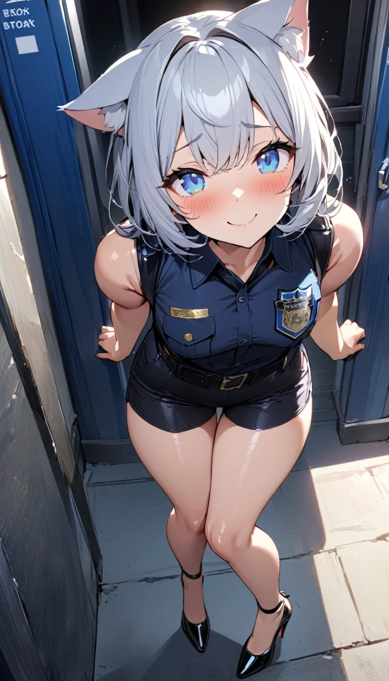 1girl、(((best quality)), ((masterpiece)), (details), masterpiece, best quality, high quality, ulutra detailed, perfect face, ((1girl, Blue eyes, cat ears: 1.3 silver bob hair: 2.5,)) 、Shiny Hair、Glowing Skin、blush、Lustful look、whole body、Police Officer Costume、Police officer shorts、Black stiletto heels、Embarrassed smile、Raise the Japanese sword with both hands、police box、Police Station Background、whole body