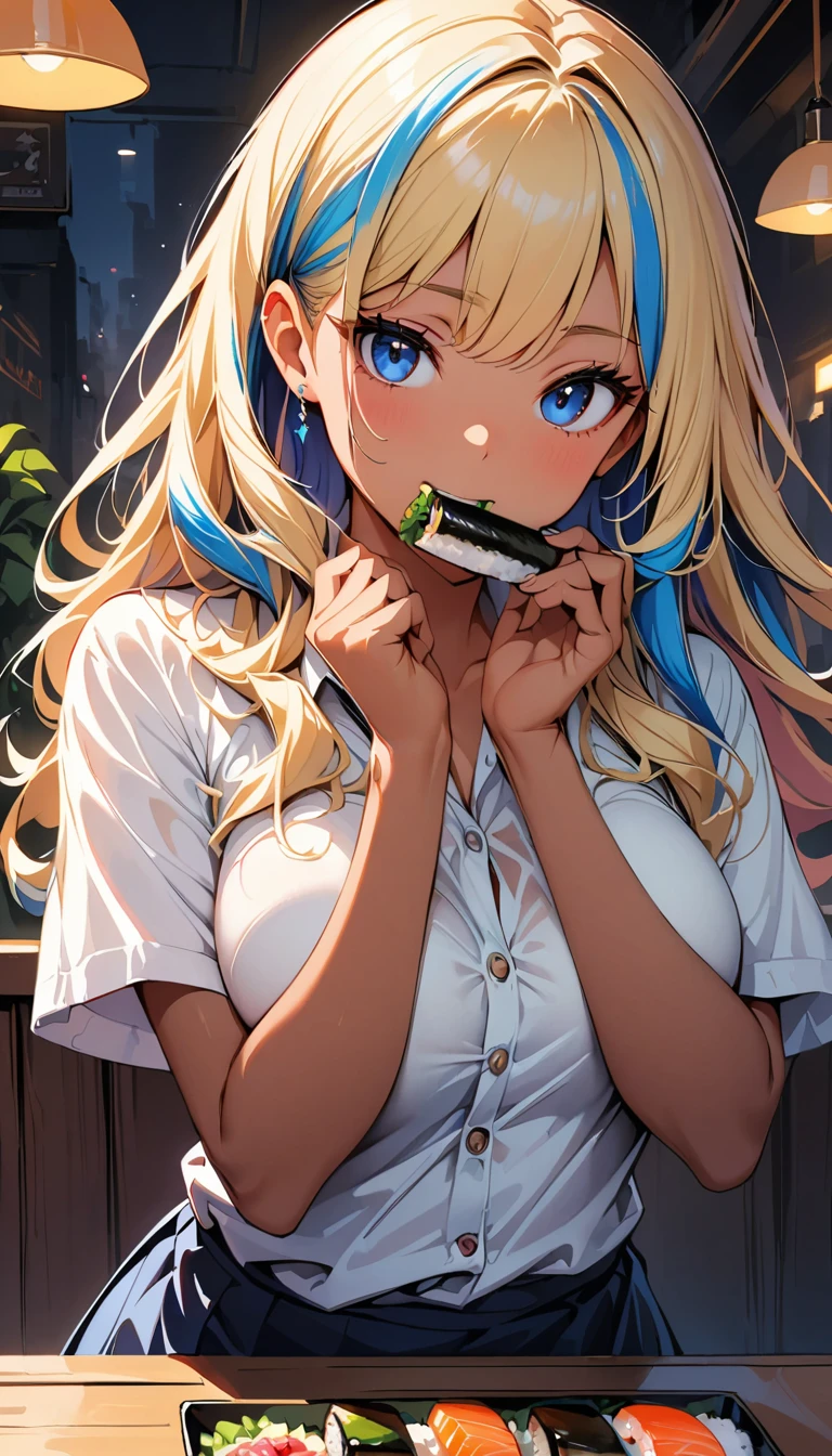 (highest quality:1.2, Very detailed, up to date, Vibrant, Ultra-high resolution, High Contrast, masterpiece:1.2, highest quality, Best aesthetics), Portraiture、girl、slim, Bright colors、Beautiful fine details、Beautiful lip detail、long hair, ((wavy hair:0.4))、messy hair, blonde and blue ((streaked hair:1.3)), highlights hair: 1.3, midium breast, (tan skin:1.3), button-up shirt、eating Sushi, enjoy Sushi at the table, in Sushi restaurant, cowboy shot,
