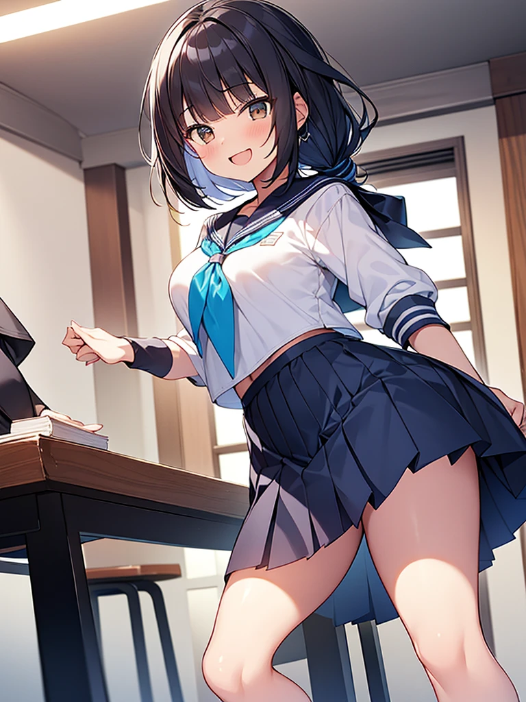 Student council room, dignified smile, open-mouthed laughter, gah-haha laughter, hall々Standing tall woman:1.9 Composition seen from below White summer sailor uniform Navy blue skirt Spirit Short black hair Ponytail:1.9 Straight hair Hair tie Sweep bangs to the side:1.9. Slanted eyes, brown eyes, tall, strong-willed, beautiful