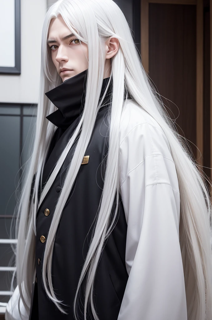 Anime man with long white hair, arrogant golden eyes with thin pupils, A white skin, with a cold look. japanese style