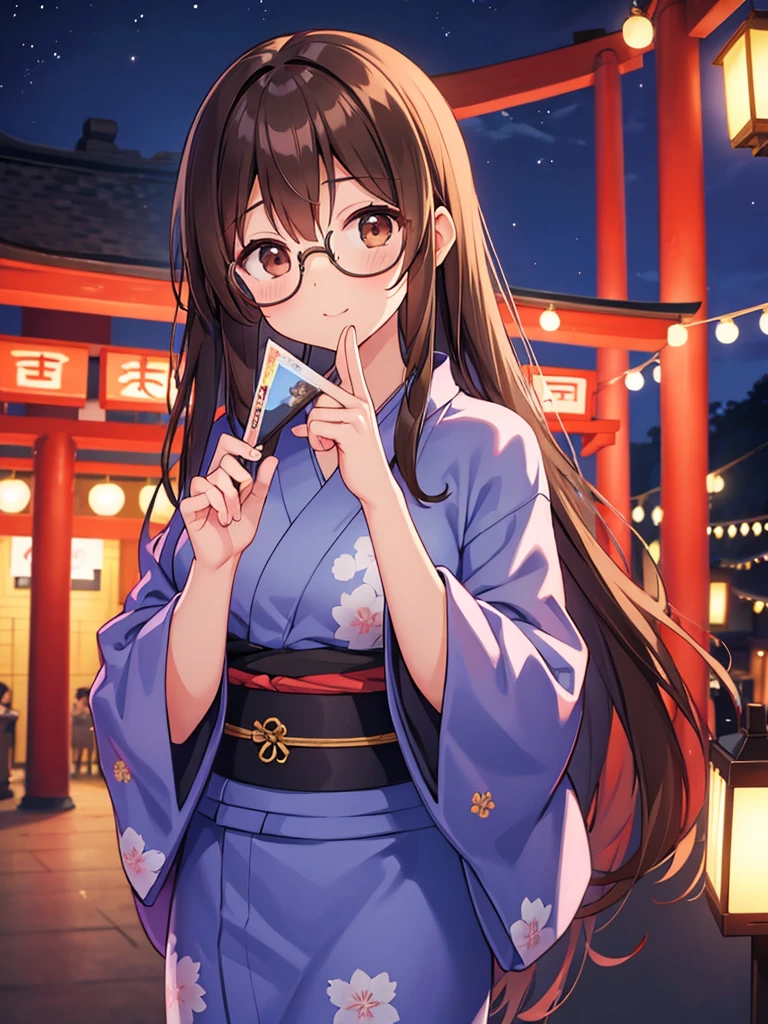 1 Female、Brown hair、Brown Eyes、Best Quality、Super detailed、8 Resolution、Raw photo、Mastepiece、Perfect Body、high resolution、Highest quality、Detailed drawing、Vibrant colors、lure、Long Hair、Black-rimmed glasses、yukata、shrine、Festivals、night