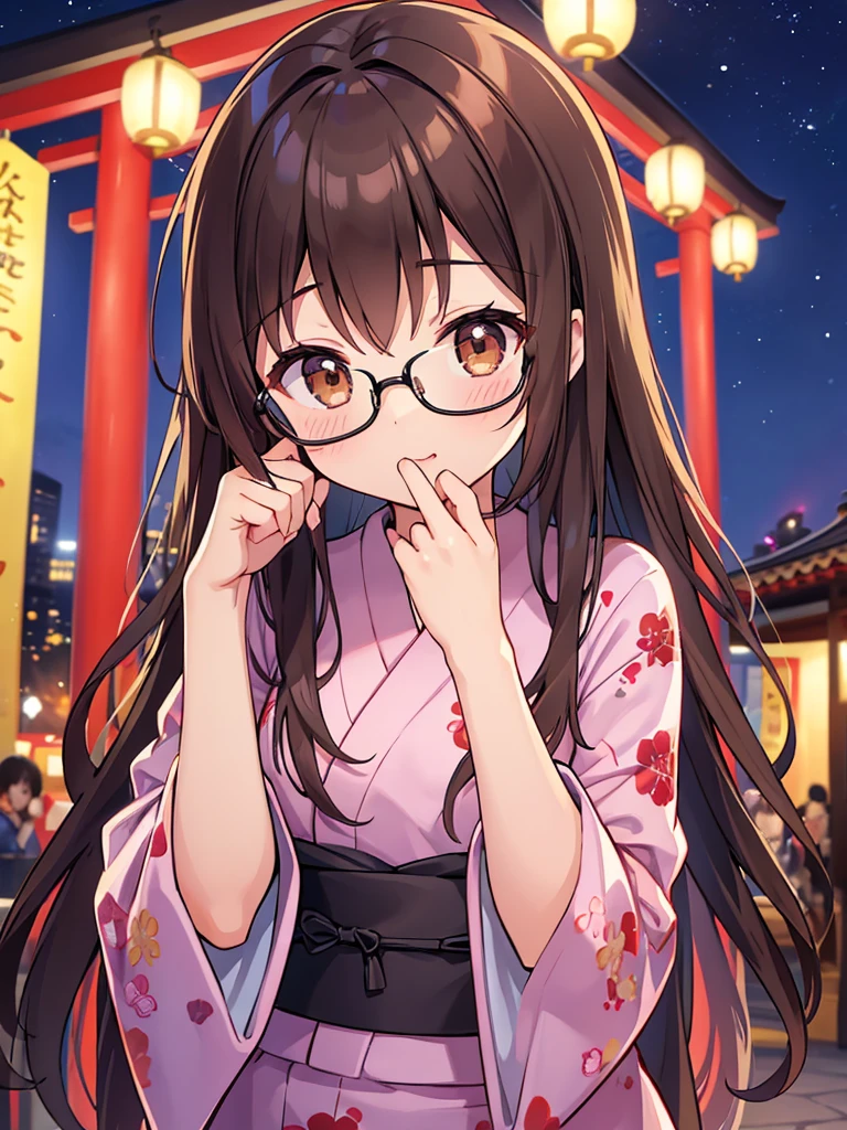 1 Female、Brown hair、Brown Eyes、Best Quality、Super detailed、8 Resolution、Raw photo、Mastepiece、Perfect Body、high resolution、Highest quality、Detailed drawing、Vibrant colors、lure、Long Hair、Black-rimmed glasses、yukata、shrine、Festivals、night