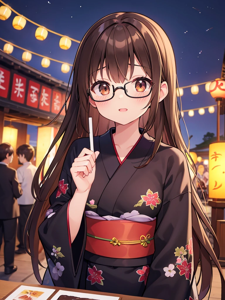 1 Female、Brown hair、Brown Eyes、Best Quality、Super detailed、8 Resolution、Raw photo、Mastepiece、Perfect Body、high resolution、Highest quality、Detailed drawing、Vibrant colors、lure、Long Hair、Black-rimmed glasses、yukata、shrine、Festivals、night