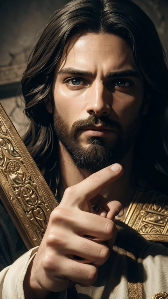 A detailed portrait of Jesus Christ, with a compassionate and intense expression. Jesus is looking directly at the viewer, conveying a deep and empathetic connection. The dramatic lighting enhances his features, creating a chiaroscuro effect that adds depth and contrast to the image. The portrait, In the style of oil painting, features a religious atmosphere with an ornate background that nods to traditional Christian iconography. Inspired by the Renaissance style, the image displays dramatic shadows and vivid colors, with cinematic lighting that accentuates the emotion of the moment. Facial features are highly detailed, capturing every nuance of expression and skin texture. The work is a true masterpiece, high quality and resolution, in 8K, with impressive photographic realism.