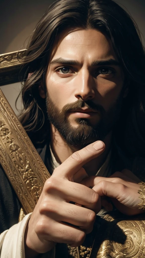 A detailed portrait of Jesus Christ, with a compassionate and intense expression. Jesus is looking directly at the viewer, conveying a deep and empathetic connection. The dramatic lighting enhances his features, creating a chiaroscuro effect that adds depth and contrast to the image. The portrait, In the style of oil painting, features a religious atmosphere with an ornate background that nods to traditional Christian iconography. Inspired by the Renaissance style, the image displays dramatic shadows and vivid colors, with cinematic lighting that accentuates the emotion of the moment. Facial features are highly detailed, capturing every nuance of expression and skin texture. The work is a true masterpiece, high quality and resolution, in 8K, with impressive photographic realism.