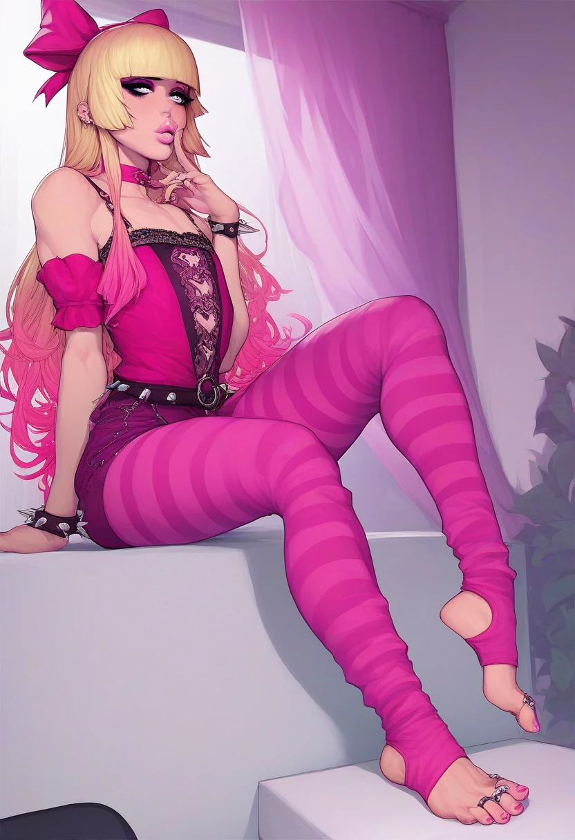 score 9 up, score 8 up, score 7 up big black man, 1 femboy focus, pink goth, big lips, mascara, pink eyeshadow, , blonde hair, gradient hair, straight long hair, hime cut, pink armbands, pink stirrup thighhighs, stripes, toes, pink toenail polish, pink nail polish, pink hair ribbons, pink choker, rings, toe ring, pink lipstick, spikes, pink dress, indoors, SFW, pants, 