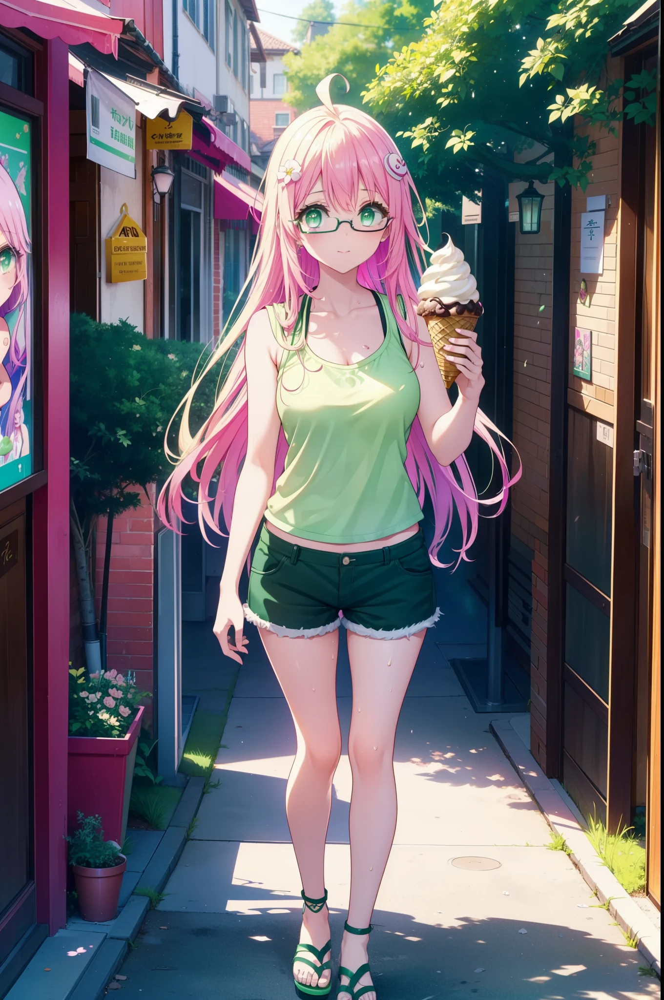 Laladevi Luke, Lara Deviluke, Long Hair, Pink Hair, tail, Ahoge, bangs, hair ornaments, (Green Eyes:1.5), smile,Open your mouth,demon tail, Tank top,Shorts,Heeled Sandals,Black-rimmed glasses,Holding ice cream in one hand,Eating ice cream,Walking,noon,Clear skies,True Summer,Sweat,whole bodyがイラストに入るように,
break outdoors, In town,
break looking at viewer, whole body,
break (masterpiece:1.2), Highest quality, High resolution, unity 8k wallpaper, (figure:0.8), (beautiful detailed eyes:1.6), extremely detailed face, Perfect lighting, extremely detailed CG, (Perfect hands, Perfect ???????),