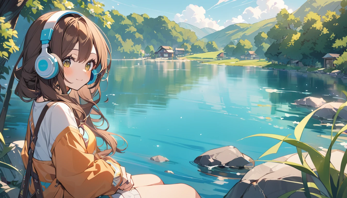 Girl wearing headphones,Brown Hair,1 person,bright,Detailed Background,「Quiet lakeside」 - Relax by the lake,cute,pop