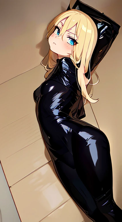 [[[[[solo girl, all alone]]]]]. long blonde hair, Chica Assasin, , perfect body, beautiful hips, Little mom,cted, moving back from the viewfinder, cornered, looking away distressed, large shiny black leather boots, [[[[[arms behind the back]]]]], Glare, hatred, asco, perfect body, skinny girl, fallen, [[[[[lying on the ground]]]]], ready to kill, Tight Seamless Latex Tape Bondage Mummification, Mummified in seamless skin-tight latex black packing tape, cat ears