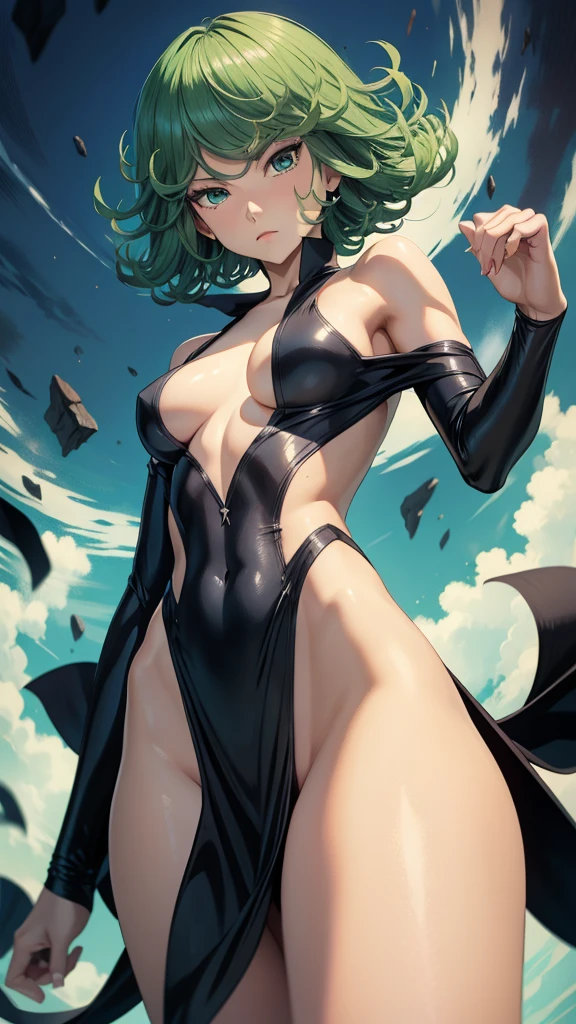 Tatsumaki, black dress, showings armpits and pussy, half naked, (((half naked)))