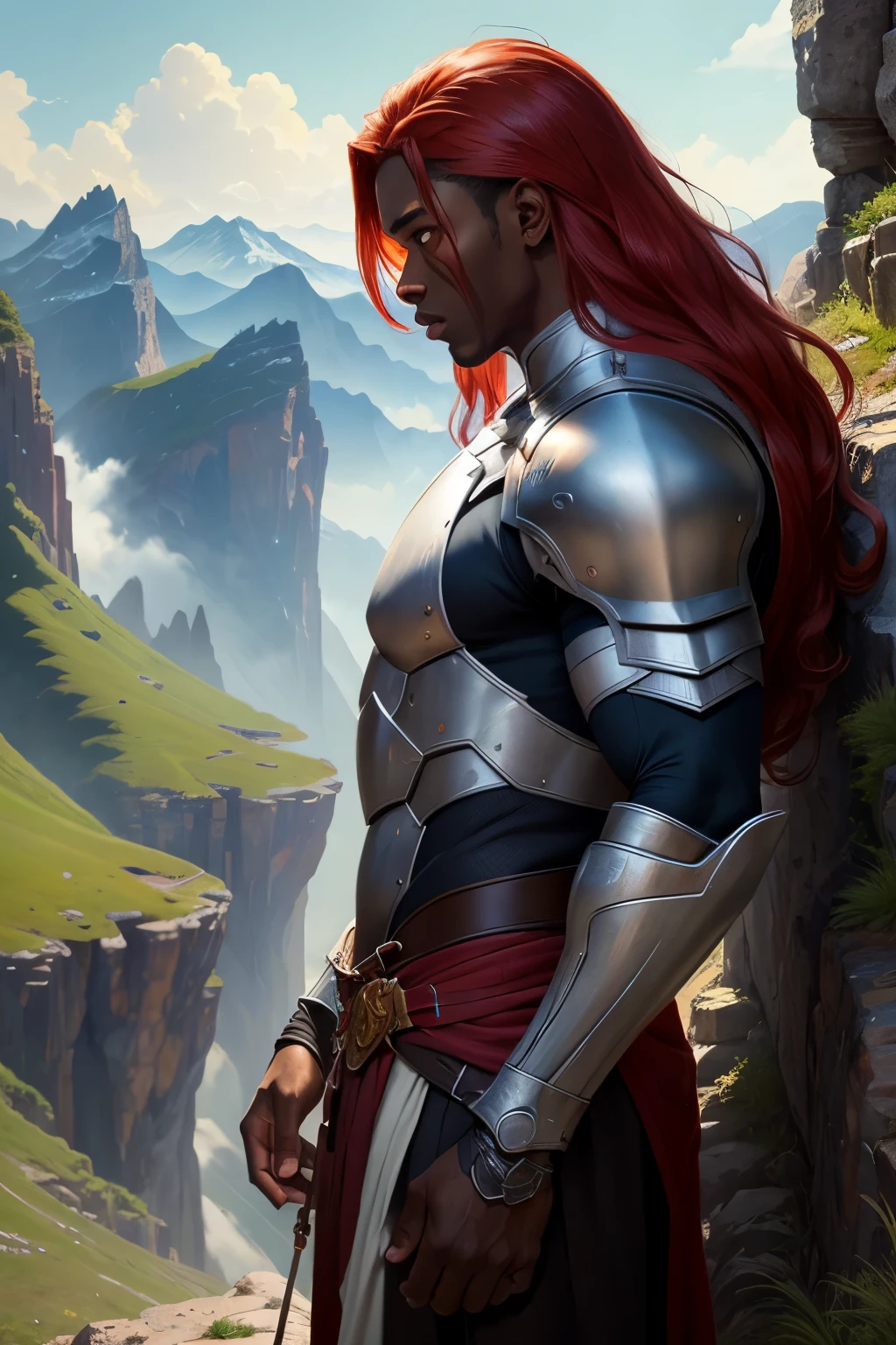 ((best quality)), ((masterpiece)), (detailed), Prize-winning works, with incredible details, maximum textures and details, uhd ,8k,super resolution ,depth of field, retina, masterpiece, 1 dark-skinned MALE RANGER on top of a mountain admiring and looking down at the valley below ,(he is 55 years old), (((he has dark skin))). lightweight armour ,he has long red hair,sunny day ,detailed shadows