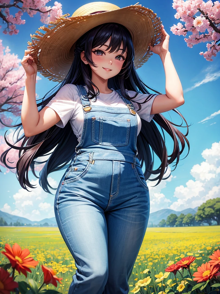 Sexy asian woman, big , overalls, straw hat, smiling, long hair, in a field of flowers, anime style