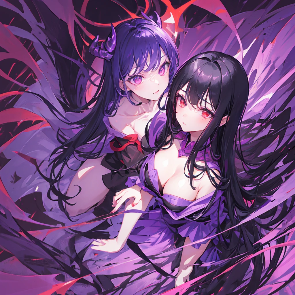 A demon girl，Royal sister，Black hair，Red eyes，Evil，Sexy，Beautiful figure，Black high heels，((Pure purple background))