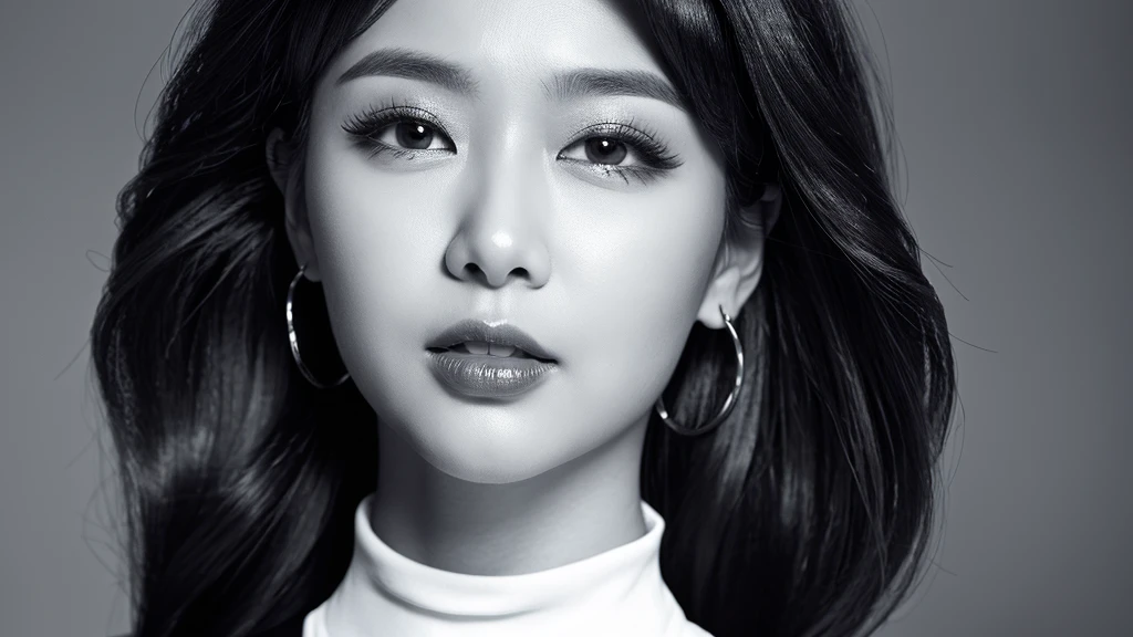 ((Detailed face)),vivid,cute,A silky black and white outfit with a turtleneck and sleeveless top,4K,Ultra-high resolution,(Photorealistic:1.7),Gray background,Long black hair,
