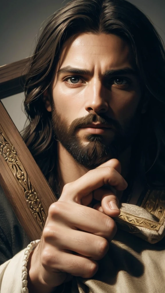 A detailed portrait of Jesus Christ, with a compassionate and intense expression. Jesus is looking directly at the viewer, conveying a deep and empathetic connection. The dramatic lighting enhances his features, creating a chiaroscuro effect that adds depth and contrast to the image. The portrait, In the style of oil painting, features a religious atmosphere with an ornate background that nods to traditional Christian iconography. Inspired by the Renaissance style, the image displays dramatic shadows and vivid colors, with cinematic lighting that accentuates the emotion of the moment. Facial features are highly detailed, capturing every nuance of expression and skin texture. The work is a true masterpiece, high quality and resolution, in 8K, with impressive photographic realism.