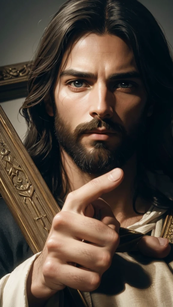 A detailed portrait of Jesus Christ, with a compassionate and intense expression. Jesus is looking directly at the viewer, conveying a deep and empathetic connection. The dramatic lighting enhances his features, creating a chiaroscuro effect that adds depth and contrast to the image. The portrait, In the style of oil painting, features a religious atmosphere with an ornate background that nods to traditional Christian iconography. Inspired by the Renaissance style, the image displays dramatic shadows and vivid colors, with cinematic lighting that accentuates the emotion of the moment. Facial features are highly detailed, capturing every nuance of expression and skin texture. The work is a true masterpiece, high quality and resolution, in 8K, with impressive photographic realism.