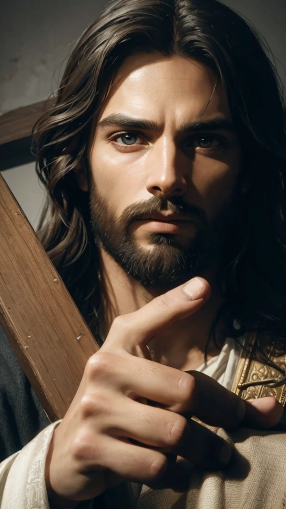 A detailed portrait of Jesus Christ, with a compassionate and intense expression. Jesus is looking directly at the viewer, conveying a deep and empathetic connection. The dramatic lighting enhances his features, creating a chiaroscuro effect that adds depth and contrast to the image. The portrait, In the style of oil painting, features a religious atmosphere with an ornate background that nods to traditional Christian iconography. Inspired by the Renaissance style, the image displays dramatic shadows and vivid colors, with cinematic lighting that accentuates the emotion of the moment. Facial features are highly detailed, capturing every nuance of expression and skin texture. The work is a true masterpiece, high quality and resolution, in 8K, with impressive photographic realism.
