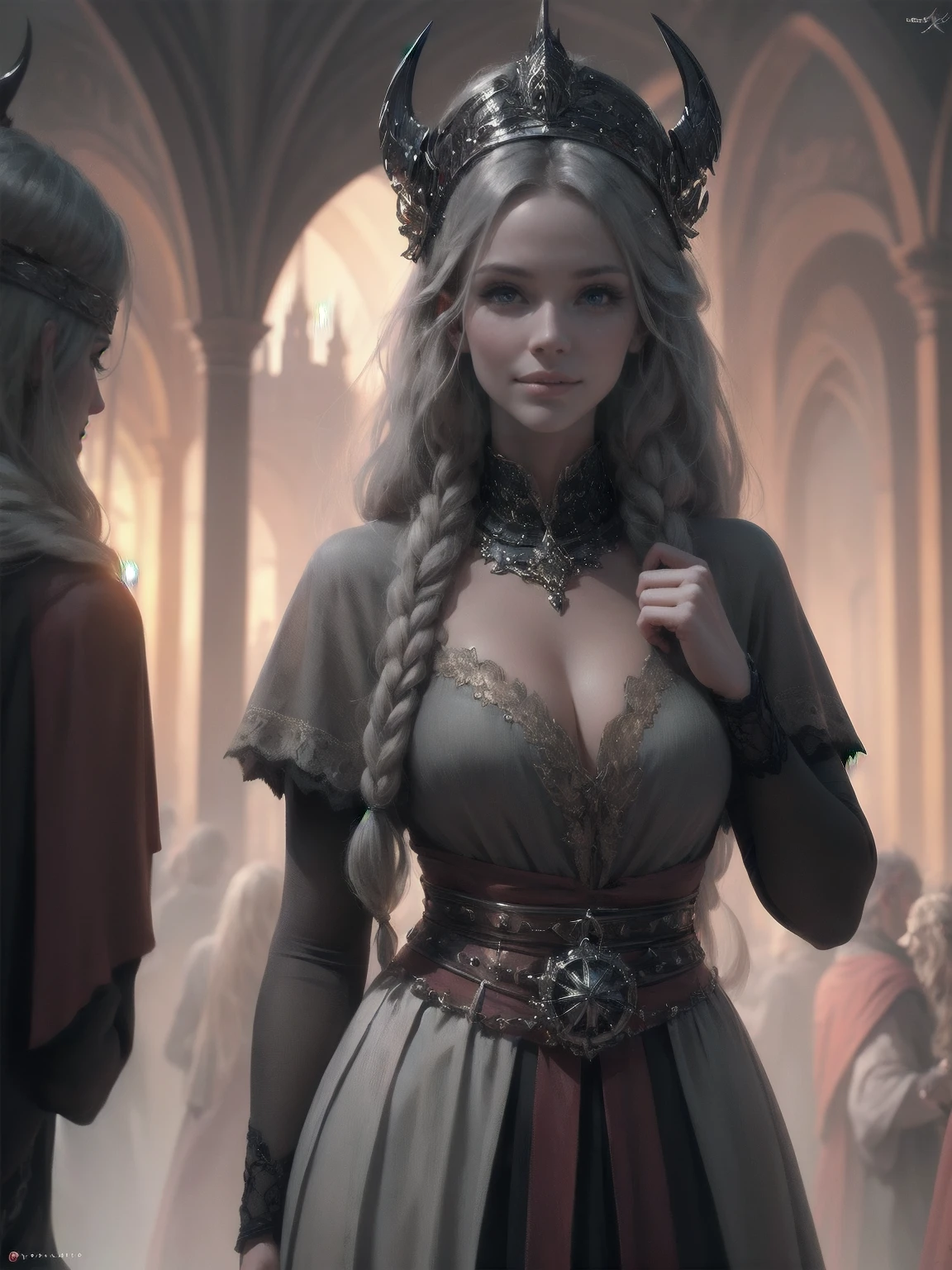 {-erro_de_anatomia:1.0} woman 30 years old, north,viking clothes, (nordic dress), dark castle, a woman (lagherta), very long blond hair (blond hair), (gray eyes) . Indifferent look , merciless. among the gods, dinamic poses, egoist smile, upper body,