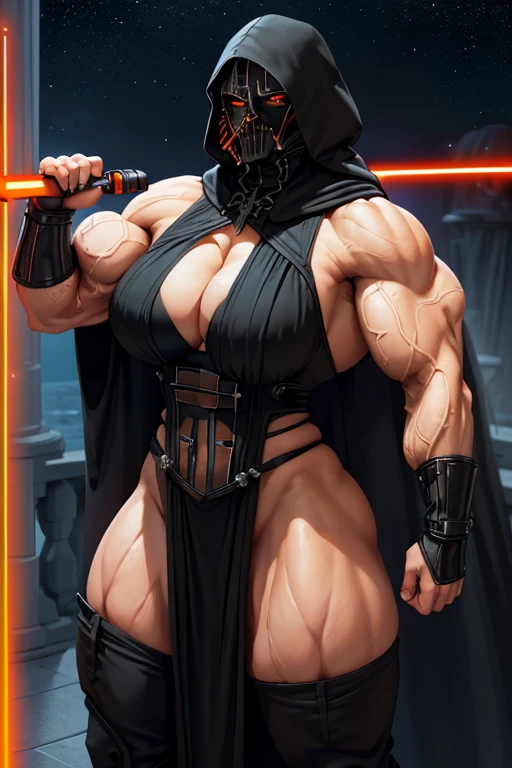 ((Massive, tall, beautiful, buff, muscular light brown skinned female Sith Lord with black hair, black lipstick, ginormous bulky muscles, holding a red lightsaber and wearing a tiered gothic dress with a Sith hood)), (close view), black eyeliner, (massive muscles), massive biceps, hyper muscle triceps, long straight hair, (((glowing orange eyes))), (tiered gothic dress), thigh high boots, In space, (Sith hood), nighttime, (evil smile), hyper muscles arms, hyper muscle legs, massive arms