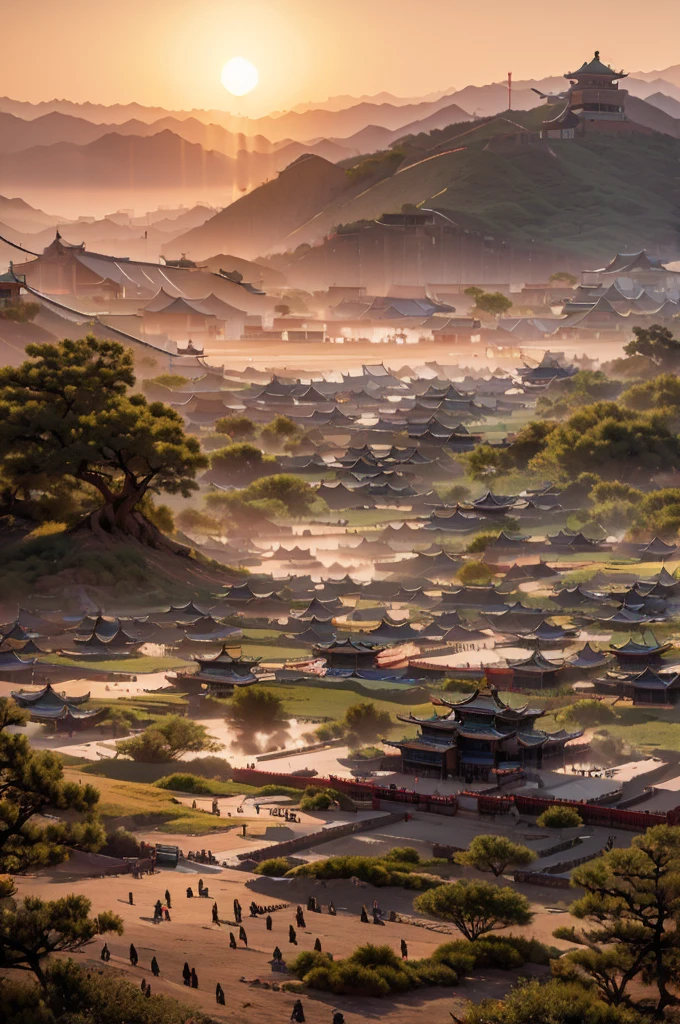 Landscape of China,(Vision) ,Outside the tent,Sunset,A general in battle robes walks alone,Surrounded by neatly arranged tents and soldiers