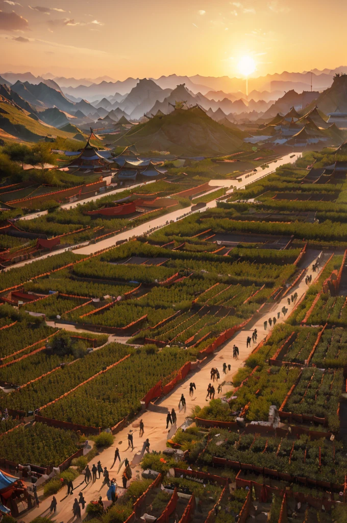 Landscape of China,(Vision) ,Outside the tent,Sunset,A general in battle robes walks alone,Surrounded by neatly arranged tents and soldiers