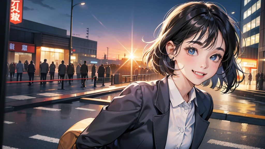(perfect anatomy:1.2)(absurdres, highres, ultra detailed),masterpiece,best quality,high resolution,8k,Realistic face,Realistic skin texture,magnified textures, stunning clarity,detailed anime girl,(ultra detailed eyes and face),(1 girl:1.5)21years old,she is office worker,,black hair, bob cut,natural make,grey jacket,grey pants,white brouse,sparkling eyes.small nose,roundface,shinjuku station,night,bussines district,she is walking,(looks happy:1.5),feeling freedom,(smile:1.5),look at viewer,upper body,she's waving bye-bye