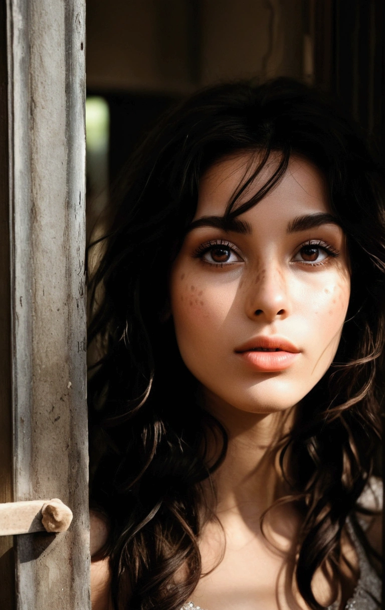 BROWN SKIN,pale and dry with many spots. Light brown almond-shaped eyes with very long eyelashes and a concave nose and lips with a pronounced cupid's bow