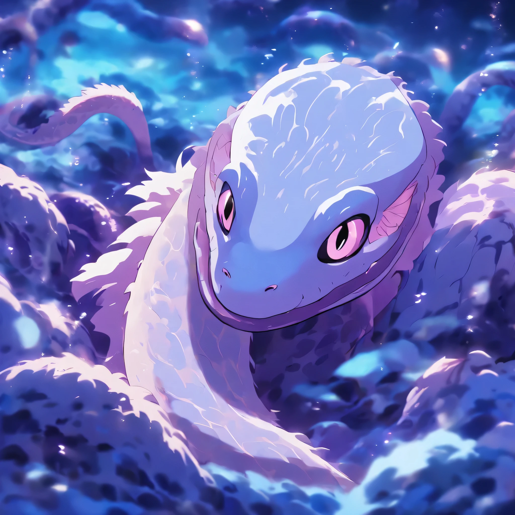 Eel covered in white and violet fur, three blue eyes, a rat-like tail, masterpiece, best quality