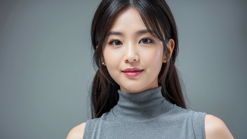 ((Detailed face)),vivid,cute,A silky grey dress with a turtleneck and sleeveless top,4K,Ultra-high resolution,(Photorealistic:1.7),Gray background,Long black hair,