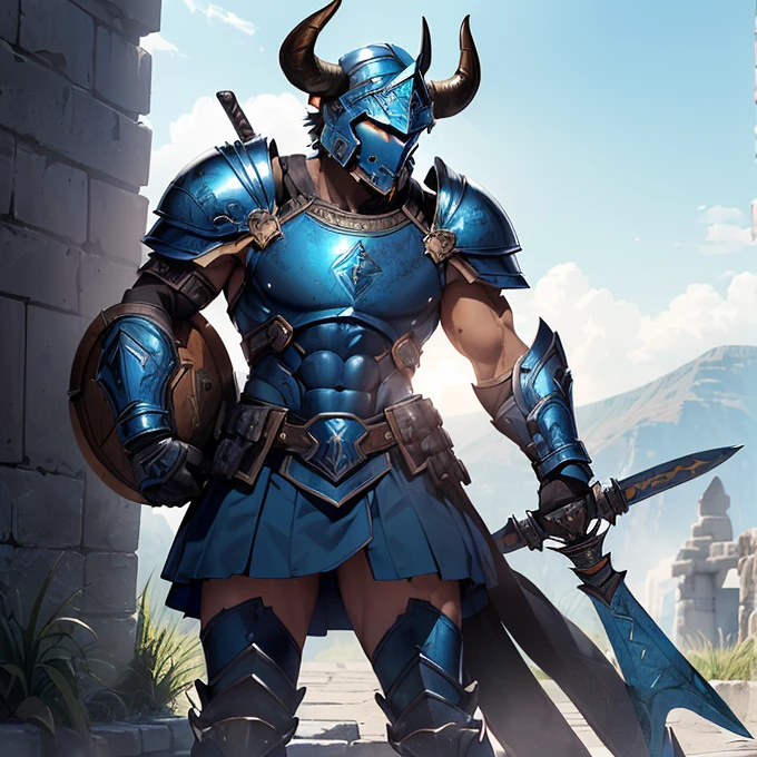 (absurdres, best high quality image, carefuly detailed features and textures, very detailed image, solo character alone, full body view, "god of war aesthetic") {{(1character: male adult minotaur soldier: (bull head grey fur, bovine ears, orange bovine eyes, serious face, bull horns, black nose, black hooves, pasive demeanor, guarding pose), (blue spartan soldier helmet, blue hoplite breast plate, blue hoplite bulky shoulder platesblue greek skirt, armored hips, blue steel boots, huge greek sword), ((greek spartan city, sunny blue sky)}}