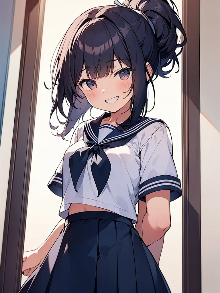 Student council room, dignified smile, open-mouthed laughter, gah-haha laughter, hall々Tall woman standing:1.9 Tall, bottom view, white summer sailor uniform, navy blue skirt, spirit, short black hair, ponytail:1.9 Straight hair Hair tie Sweep bangs to the side:1.9. Slanted eyes, brown eyes, tall, strong-willed, beautiful