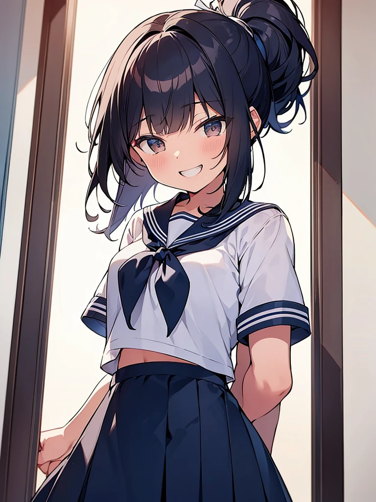 Student council room, dignified smile, open-mouthed laughter, gah-haha laughter, hall々Tall woman standing:1.9 Tall, bottom view, white summer sailor uniform, navy blue skirt, spirit, short black hair, ponytail:1.9 Straight hair Hair tie Sweep bangs to the side:1.9. Slanted eyes, brown eyes, tall, strong-willed, beautiful