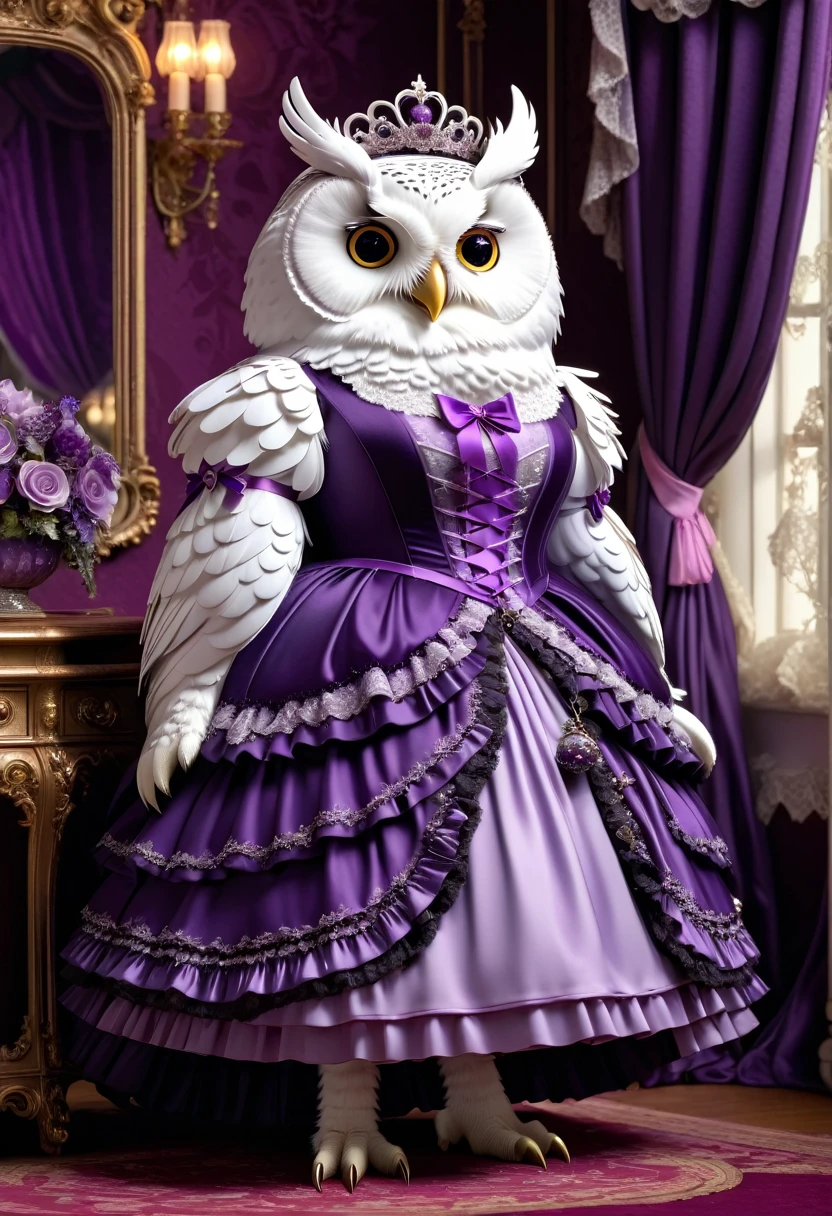  photorealistic portrait of Dressed animals-a ((fat)) ((white owl)) princess,(furry), (elegant pose:1.5), (hands on hips:1.5),(smile:1.5),high quality,(),(lovely) ,intricate details, Wearing Gothic & Lolita purple dress , ( brim on head), highly detailed ((dress with  frills and ribbon)) ,highly detailed accessories, high sox , (happy), soft lighting,(full body image:2.0),in  Rococo style room background,,score_9, score_8_up, score_7_up, score_6_up, score_5_up, score_4_up,