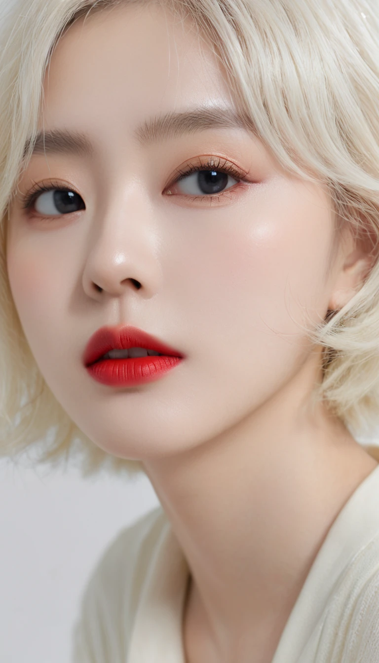 (Surrealism), (illustration), (high resolution), (8K), (Extremely detailed), (best illustration), (美丽而精致的Eye), (best quality), (Very detailed), (masterpiece), ( wallpaper), (Delicate face), solitary, 1 girl, White curly hair, Korean, Heterochromic Eyes, Eye下面有一颗小痣,, Large Breasts, Long legs, Tight abdominal muscles,Dynamic poses, High school girl,Gravure printing, Sexy, Perfect composition, ((Realistic perfect circle deep black super ridiculous details_Eye: 1.3, Extreme quality and resolution)), (Pale), ((Ultra-realistic sharp Eye, Obvious absurd quality, Not blurry,)), ((Fine pupils:1.4)), (Perfect makeup:1.35), ((Ultra-detailed symmetrical lips:1.3)), ((V-shaped jaw)), (Light glossy red_Lipstick:1.35), (Extremely detailed, Beautiful little nose:1.2), (Perfect composition), ((Pale skin:1.28)), ((Dry skin)), (flat chest), (Slim lower body), (Short hair handsome:1.37),((Vision))((Focus on the feet))