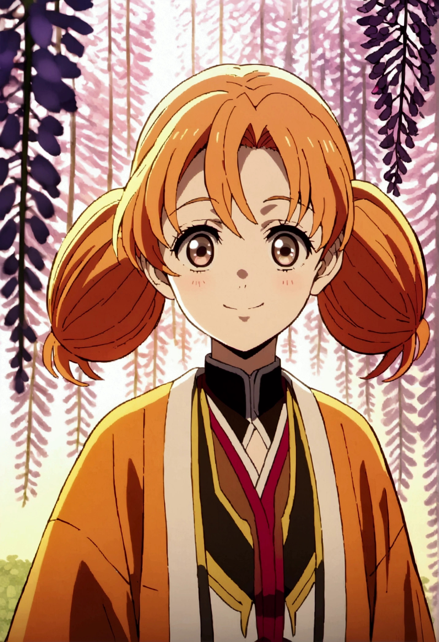 a young anime girl with long orange hair in twin ponytails, thin brown eyes, beautiful detailed eyes, wears the same outfit as Mitsuri and same haori, smiling and walking in a wisteria field,  details,vivid colors,warm lighting,detailed background,detailed clothing,highly detailed face,beautiful scenery,anime style,vibrant colors,natural lighting