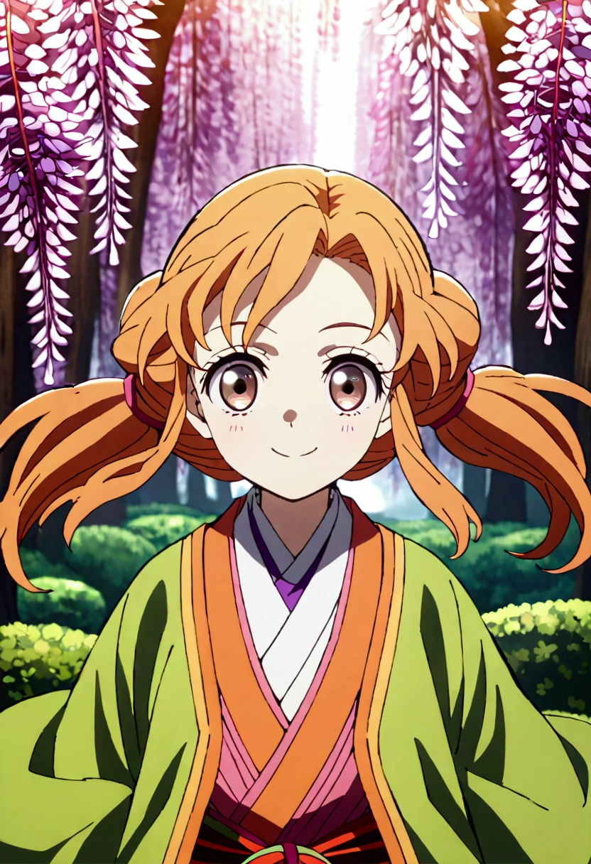 a young anime girl with long orange hair in twin ponytails, thin brown eyes, beautiful detailed eyes, wears the same outfit as Mitsuri and same haori, smiling and walking in a wisteria field,  details,vivid colors,warm lighting,detailed background,detailed clothing,highly detailed face,beautiful scenery,anime style,vibrant colors,natural lighting