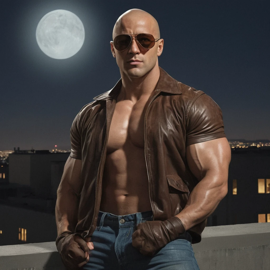An illustrated movie poster, hand-drawn, full color, a vigilante(8k, original photo, best quality, half-length photo), (((muscular men in their 30s))), standing, wearing a brown aviator jacket and sunglasses muscular man, blushing, shy expression, big bulge, hair, a muscular American bodybuilding champion, bald American man, with pale skin, muscular, voluptuous with big pecs, big biceps, big thighs, well-marked abs, defined legs, posing on a moonlit rooftop, hard shadows, graphite shading, stencil markings, airbrushed acrylic paint, masterpiece, in the style of Rockstar Games