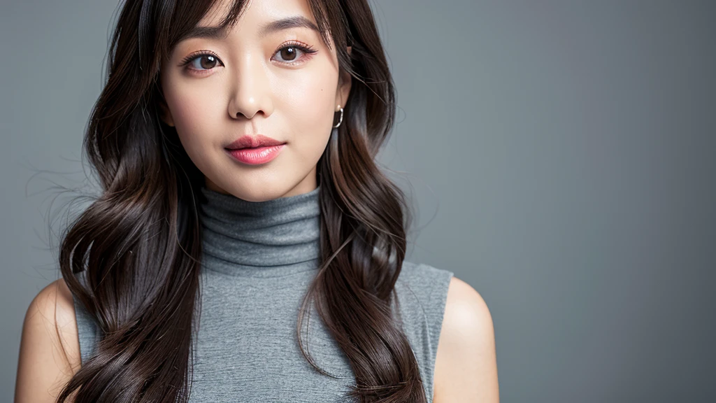 ((Detailed face)),vivid,cute,A silky grey dress with a turtleneck and sleeveless top,4K,Ultra-high resolution,（Photorealistic：1.7）,Gray background,Long black hair,