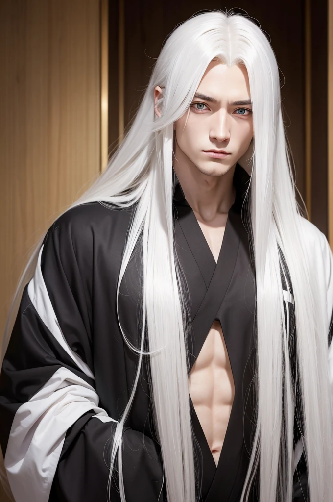 Anime man with long white hair, arrogant golden eyes with thin pupils, A white skin, with a cold look. japanese style