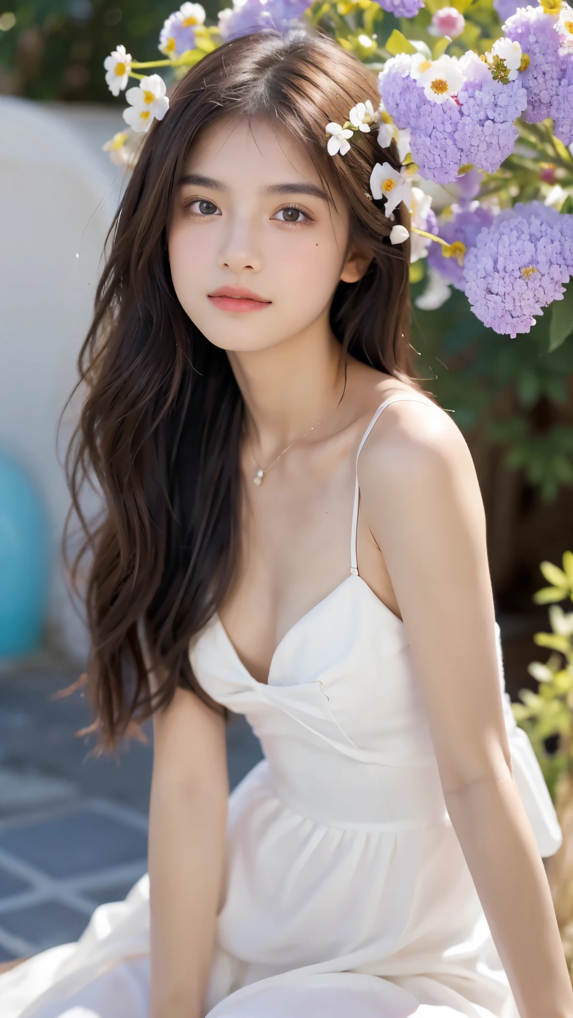 (Realistic), Obra maestra, La mejor calidad, ultra-high resolution, Foto de alto detalle, Unidad 8K Fondo de pantalla, CG extremadamente detallado:1.2), depth of field, bokeh, (Foto RAW:1.realistic photography:1.4), (1girl:1.5), joven, physically based representation, beautiful, (Cara finamente detallada:1.4, Ropa detallada), (Detallado:1.4) named (Eimi Fukada:1.1) BREAK Cara hermosa, Profundidad de campo, Agregar capa, hiperrealista, (:1.5), Modelo de cuerpo perfecto, senos perfectos, 175cm de altura, pose sexy, full body, cuerpo completo, Tipo de cuerpo del modelo, BREAK (extreme skin details:1.3), skin details, (white summer dress:1.3), doble parpado BREAK smile, Seductive pose, sitting, sitting outside, Santorini streets, outdoor, Mediterranean style, Santorini, (close shot:1.1), (Zoom Shot:1.3), (flower on hair:1.5)