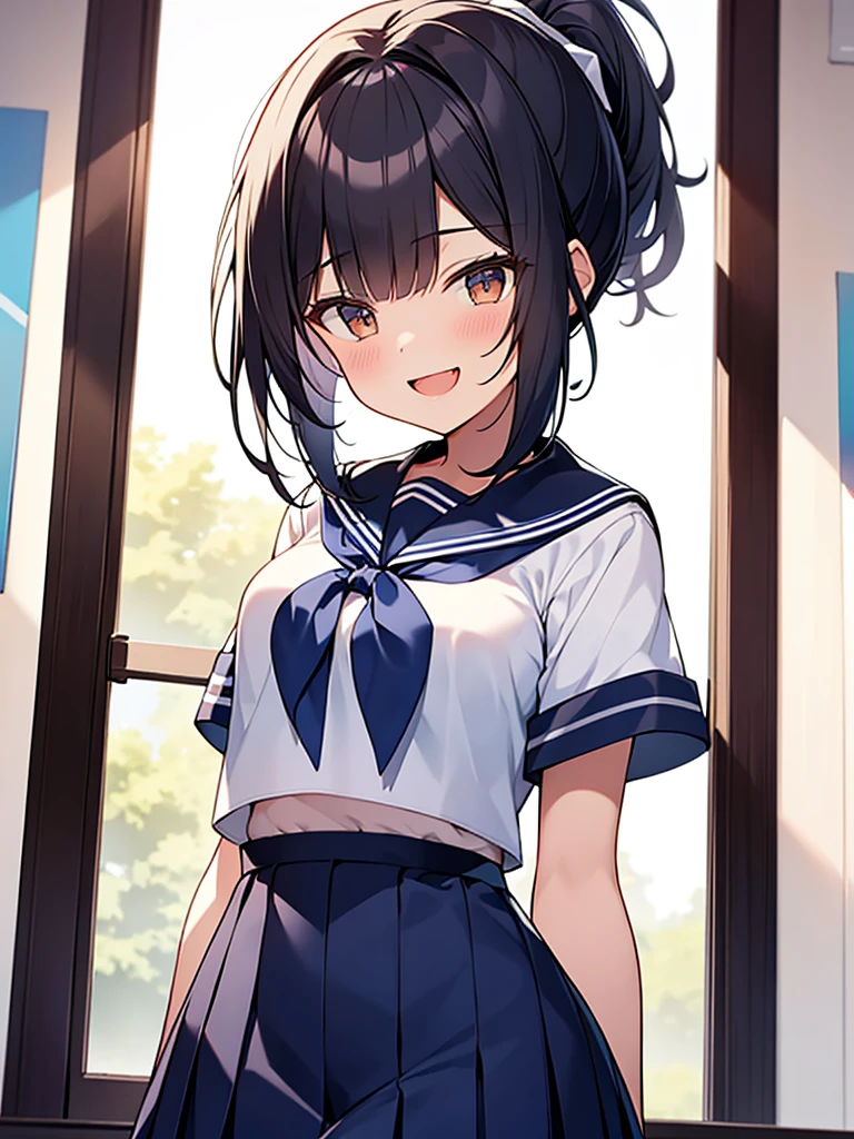 Student council room, dignified smile, open-mouthed laughter, gah-haha laughter, hall々Tall woman standing:1.9 Tall, bottom view, white summer sailor uniform, navy blue skirt, spirit, short black hair, ponytail:1.9 Straight hair Hair tie Sweep bangs to the side:1.9. Slanted eyes, brown eyes, tall, strong-willed, beautiful