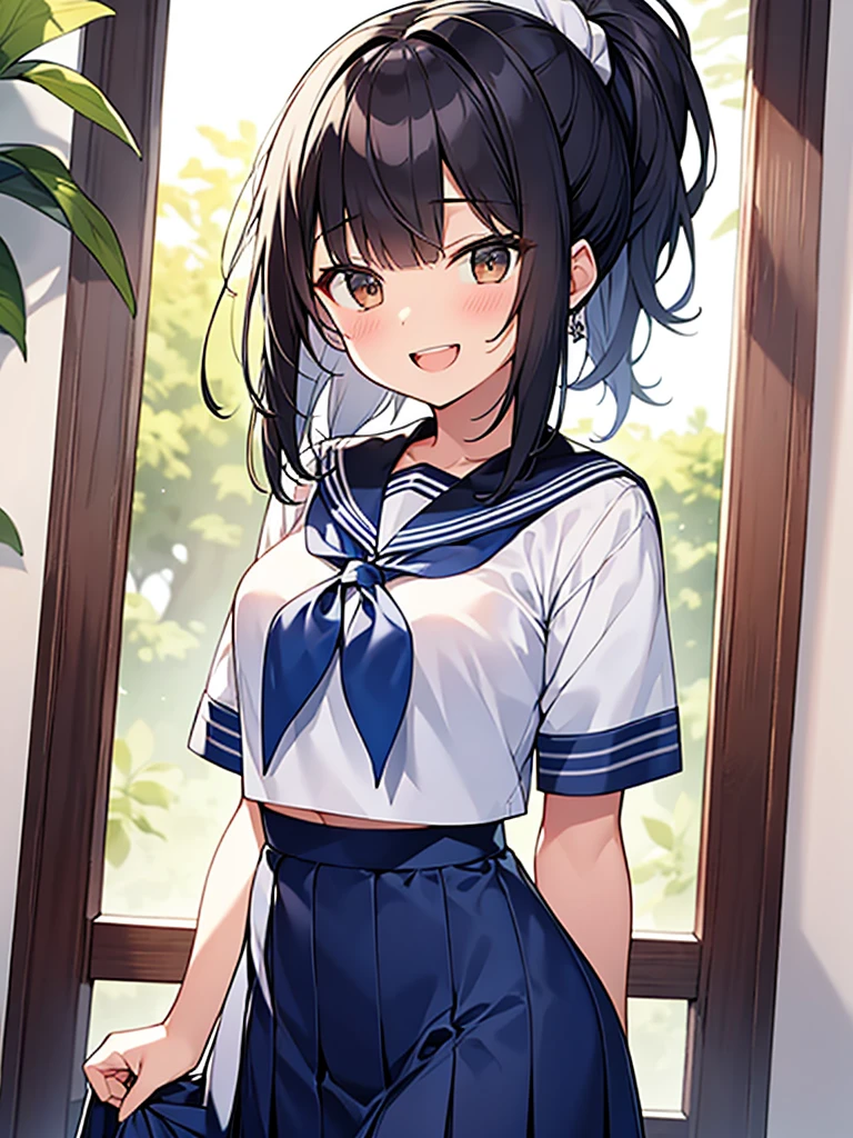 Student council room, dignified smile, open-mouthed laughter, gah-haha laughter, hall々Tall woman standing:1.9 Tall, bottom view, white summer sailor uniform, navy blue skirt, spirit, short black hair, ponytail:1.9 Straight hair Hair tie Sweep bangs to the side:1.9. Slanted eyes, brown eyes, tall, strong-willed, beautiful