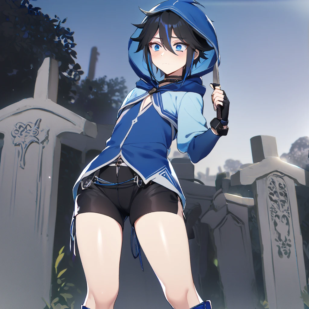 1boy, androgynus body, short black hair with blue highlights, blue eyes, shy face, black necklace, blue blouse, blue hood, black fingerless gloves, black shorts, blue boots, knife in the hand, big ass, cemetery background