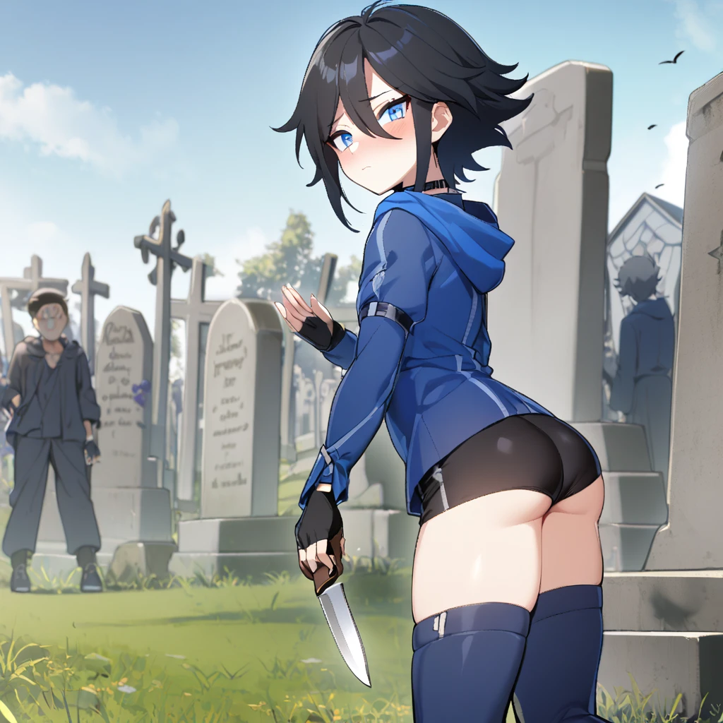 1boy, androgynus body, short black hair with blue highlights, blue eyes, shy face, black necklace, blue blouse, blue hood, black fingerless gloves, black shorts, blue boots, knife in the hand, big ass, cemetery background