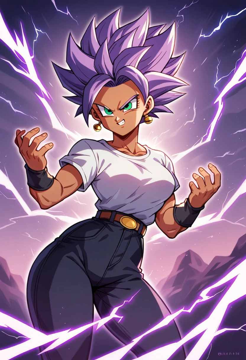 girl, alone, Saiyan, spiky purple hair, green eyes, slim thin waist, wide hips, dark skin, medium breasts, white t-shirt, black pants, super saiyan, lightning around, purple lightning, purple lightning around, energy around, ki energy, purple energy, god of destruction (super dragon ball style), she is generating enormous purple energy with her two hands to attack her opponent, using galick ho atack, dragon ball super.
