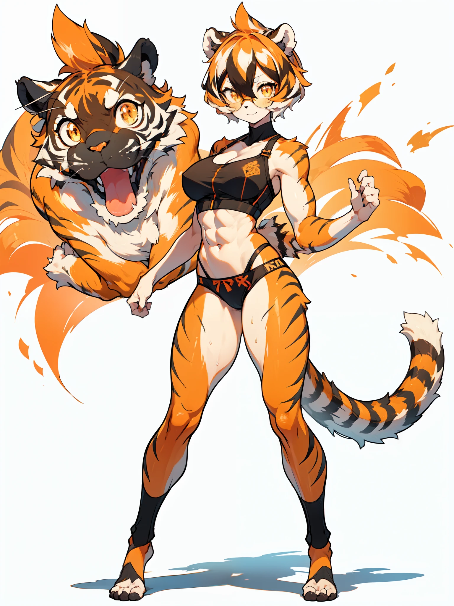 white background, full body, 1girl, solo, Standing:1.5, animal ears, white hair, black hair, short hair, large breasts, Abdominal muscles, tail, orange eyes, orange hair, multicolored hair, tiger girl, hair between eyes, tiger_ears, tiger_tail, orange-tinted_eyewear, tinted_eyewear, big breasts, evil smile, Shadows under feet, sey ass,only underwear,(((sexy miniunderwear outfit:1.2)))
