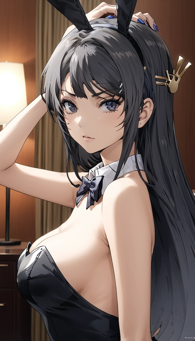 Mai Sakurajima, black hair accessory in the shape of a rabbit, Playboy bunny costume, in a hotel room, pose with one hand on the waist, medium breasts, serious look