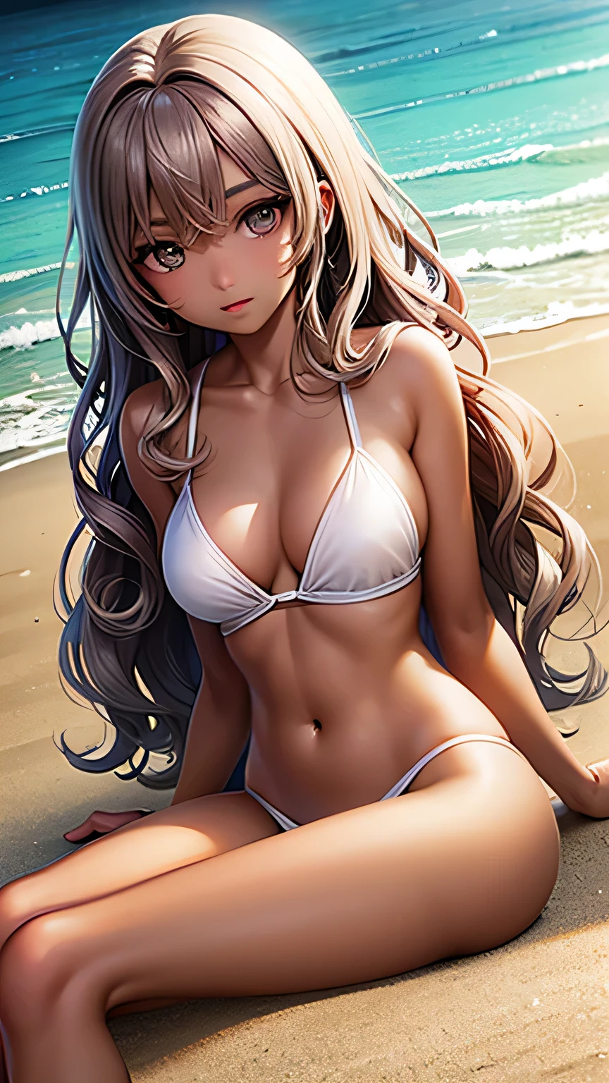 highest quality、Realistic、female、zoom、Gray Eyes、Short wavy chestnut hair、White Bikini、slender、Sunburned skin、Dark Skin、Large Breasts、Ocean、Bust Shot、